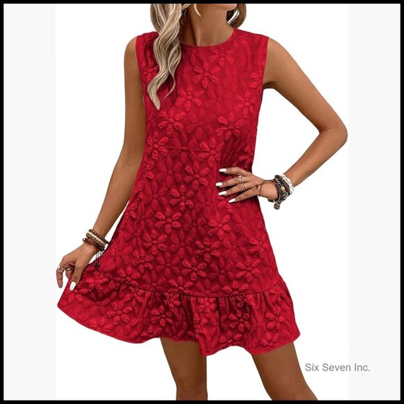 Dresses & Skirts - Ruffle Hem Sleeveless Tank Dress Casual Jacquard Smock Mini Dress